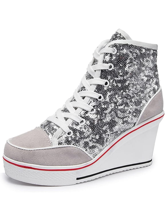 Women's High-Top Canvas Sneakers, Wedge Heel with Lace-Up Design Fashion Casual Walking Shoes
