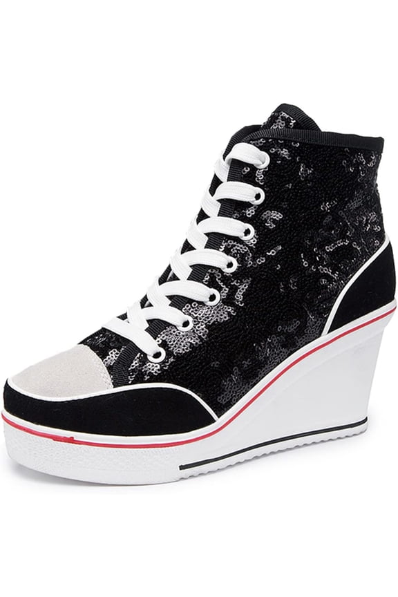 Women's High-Top Canvas Sneakers, Wedge Heel with Lace-Up Design Fashion Casual Walking Shoes