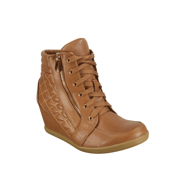 Women's High Top Fashion Round Toe Lace Up Quilted Wedge Sneaker Shoes
