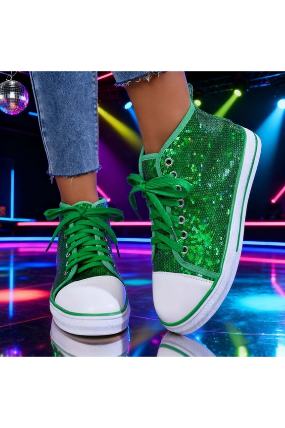 Women's High Top Glitter Tennis Sneaker Flat Sneaker Shiny Sequin Shoes (Green 36)