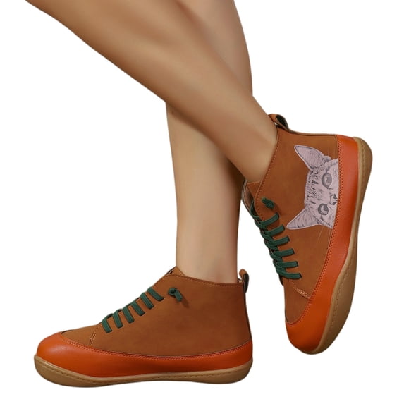 Women's High-Top Lace-Up Sneakers, Round Toe Flat Casual Shoes with Cat Design