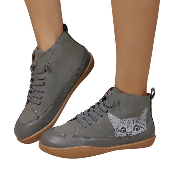 Women's High-Top Lace-Up Sneakers, Round Toe Flat Casual Shoes with Cat Design