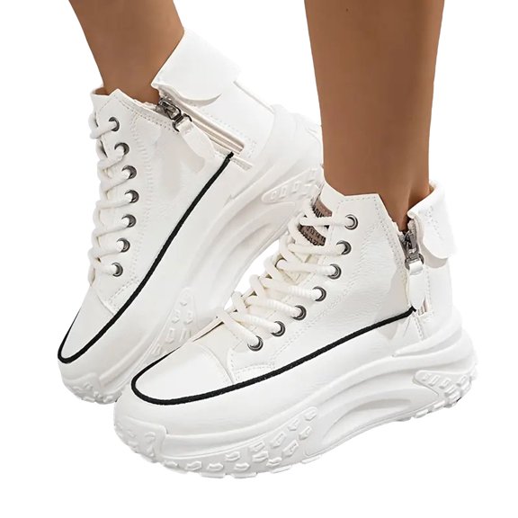 Women's High Top Platform Slip On Sneakers Side Zipper Lace Up Running Shoes Lightweight Ankle Boots Non Slip Work Shoe White Size 6
