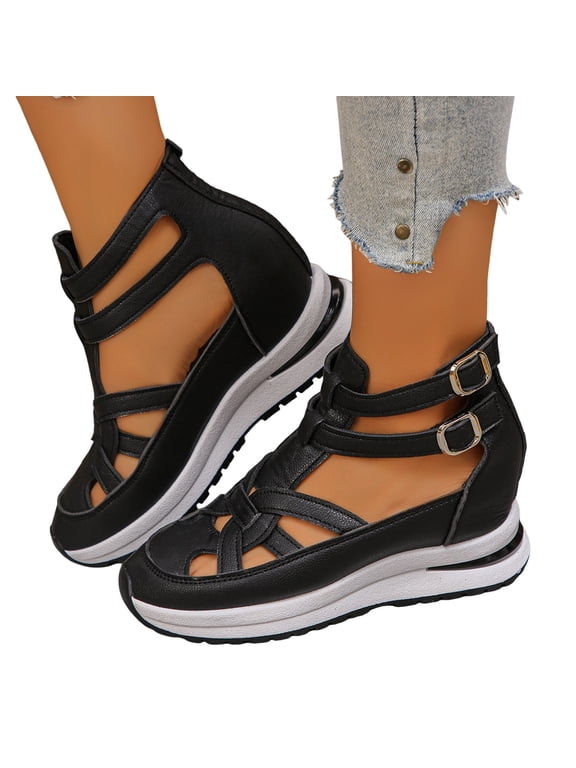 Women's High Top Platform Wedge Sandals Buckle Ankle Strap Closed Toe Cut Out Non Slip Lightweight Hiking Sandal Black Size 5.5