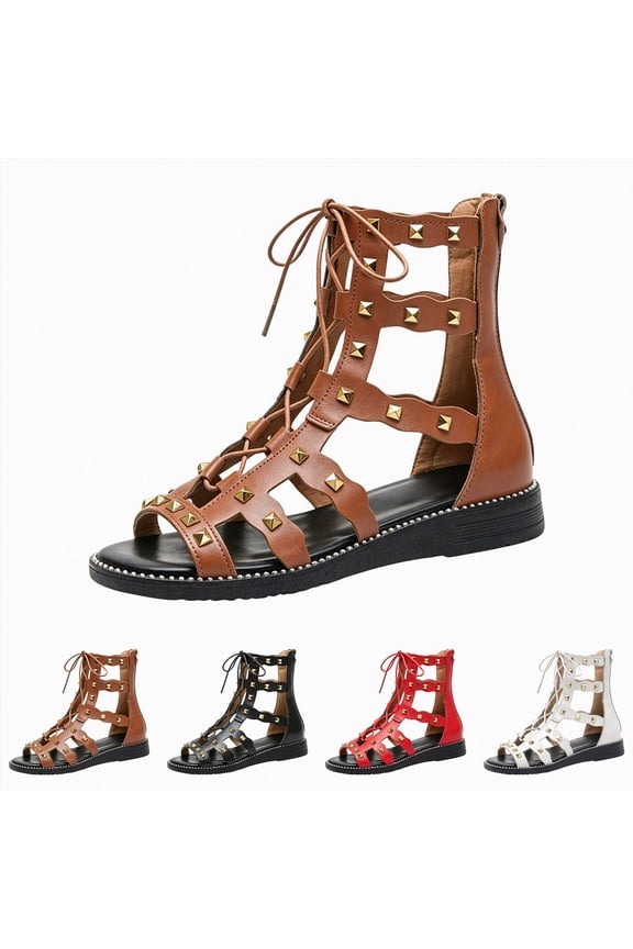 Women's High Top Sandals Open Toe Gladiator Flat Booties Lace up Cut out Sandals Studded Back Zipper Breathable Fisherman Shoes Black Size 6