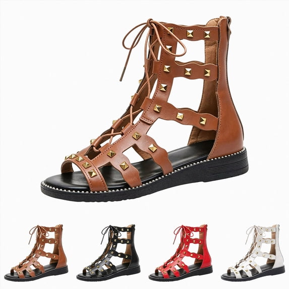 Women's High Top Sandals Open Toe Gladiator Flat Booties Lace up Cut out Sandals Studded Back Zipper Breathable Fisherman Shoes White Size 6.5