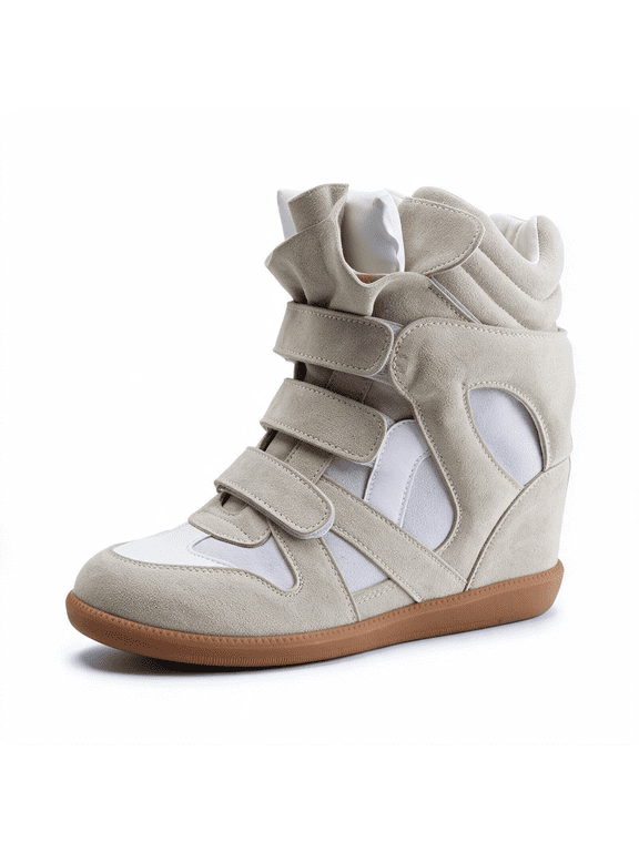 Women's High Top Wedge Sneakers with Hidden Heel, Suede Ankle Wedge Boots, Adjustable Hook-and-Loop Strap Casual Platform Shoes for Walking & Daily Wear