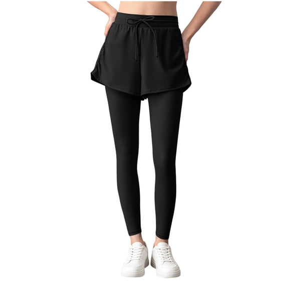 Women’s High Waist 2 in 1 Yoga Pants Slim Fit Quick Dry Breathable Workout Leggings with Outer Shorts for Gym Training, Jogging and Daily Wear Black
