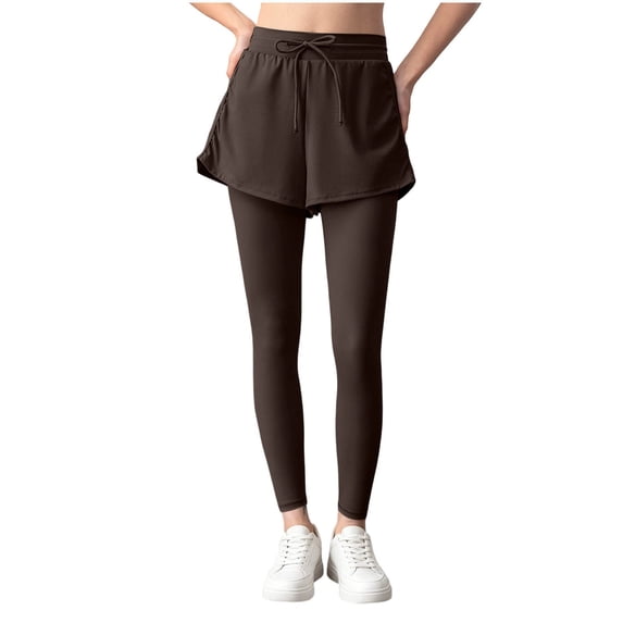 Women’s High Waist 2 in 1 Yoga Pants Slim Fit Quick Dry Breathable Workout Leggings with Outer Shorts for Gym Training, Jogging and Daily Wear Brown