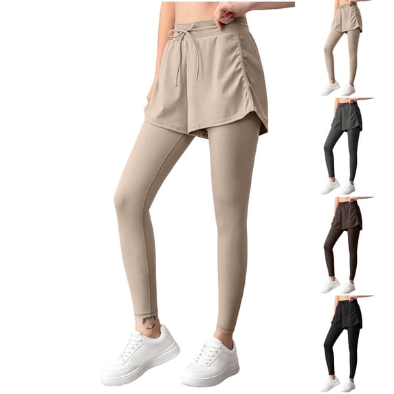 Women’s High Waist 2 in 1 Yoga Pants Slim Fit Quick Dry Breathable Workout Leggings with Outer Shorts for Gym Training, Jogging and Daily Wear Khaki