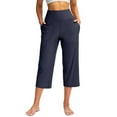 thumbnail image 1 of Women's High Waist 3/4 Capri Pants - Elastic Wide Leg Casual Active Yoga Trousers with Pockets for Workout & Daily Wear ,Navy,M, 1 of 6