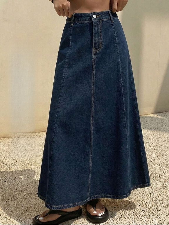 Women's High Waist A-Line Denim Skirt Button Front Midi Long Skirt with Pockets Panel Seams Elegant French Style for Office Commute & Smart Casual Occasions