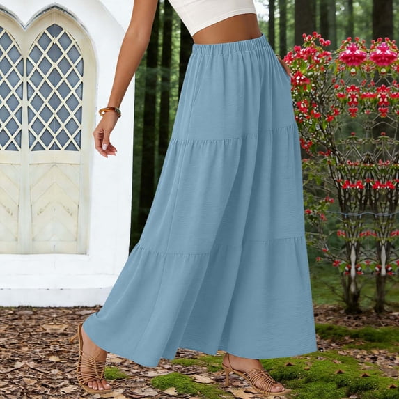 Women's High-Waist A-Line Maxi Skirt Summer Casual Solid Color Elastic Waist Pleated Pocket Skirt with Pocket Elegant Ankle-Length Skirt, Size S-2XL
