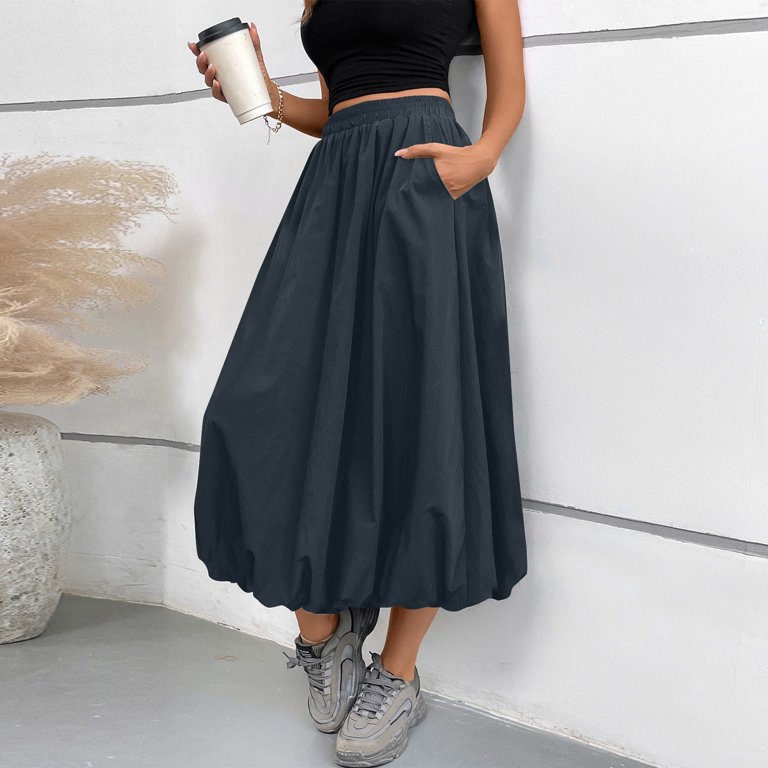 Women's High Waist A-Line Maxi Skirt with Pockets Casual Long
