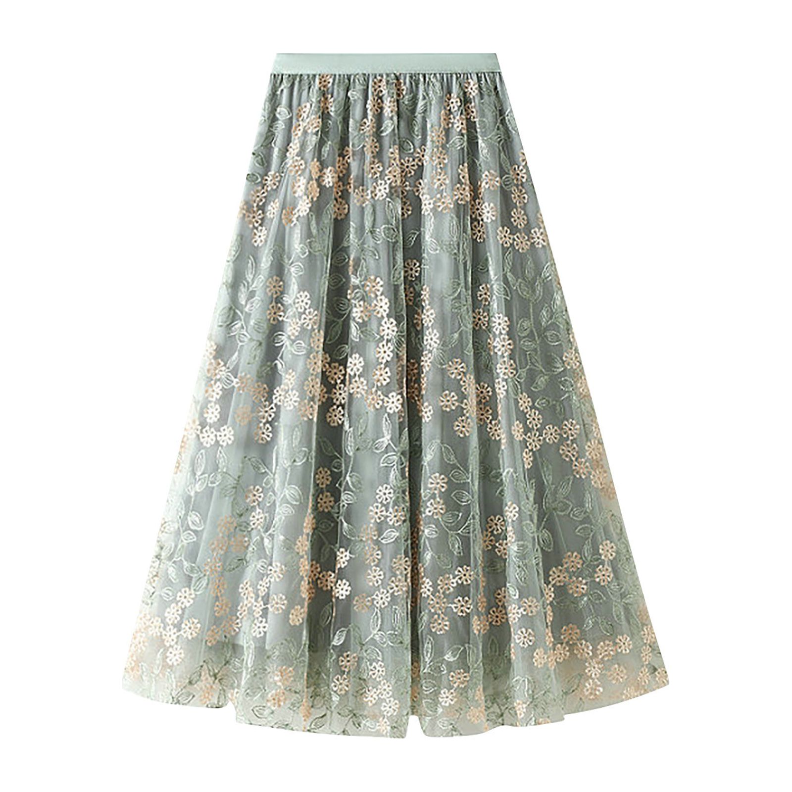 Women's High Waist A-Line Midi Mesh Skirt with Lace Vintage Floral ...