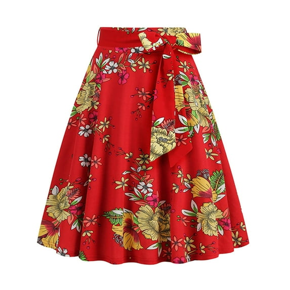 Women's High Waist A-Line Skirt Ladies French Retro Casual Fashion Floral Print Belt Belt Straps Skirt Flared Maxi Skirts