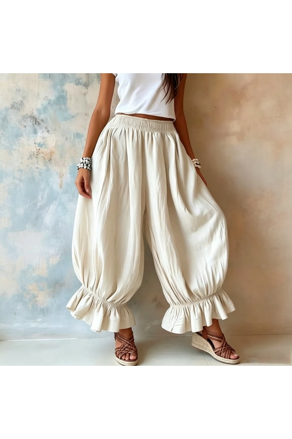 Women's High Waist Balloon Harem Pants - Elastic Waist Ruffle Hem Wide Leg Cropped Casual Lounge Pants Beige L