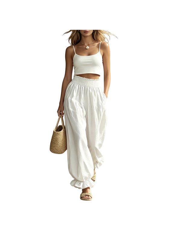 Women's High Waist Balloon Harem Pants - Elastic Waist, Ruffled Hem, Wide Leg, Casual Lounge Shorts