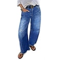 thumbnail image 1 of Women's High Waist Barrel Leg Jeans - Deep Blue Washed Denim with Distressed Ripped Detail, Frayed Raw Hem, Relaxed Cropped Fit Pants for Casual Daily & Boho Outings, 1 of 5