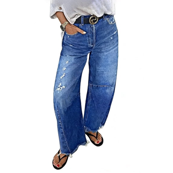 Women's High Waist Barrel Leg Jeans - Deep Blue Washed Denim with Distressed Ripped Detail, Frayed Raw Hem, Relaxed Cropped Fit Pants for Casual Daily & Boho Outings