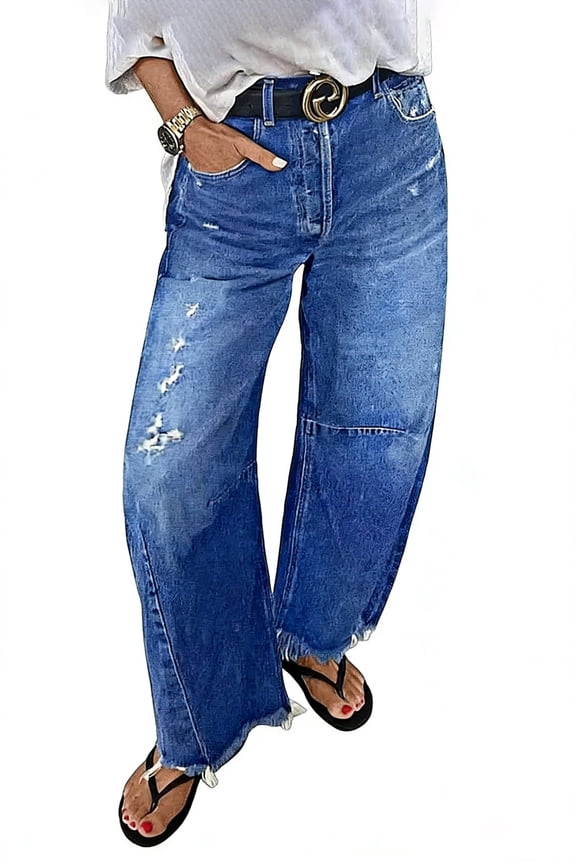 Women's High Waist Barrel Leg Jeans - Deep Blue Washed Denim with Distressed Ripped Detail, Frayed Raw Hem, Relaxed Cropped Fit Pants for Casual Daily & Boho Outings