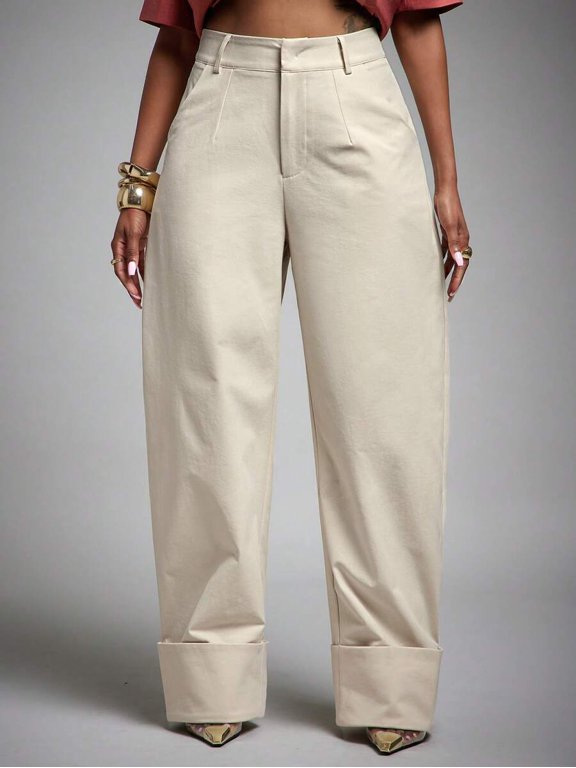 Women's High Waist Barrel Leg Trousers, Fold Over Cuffed Hem Pleated Wide Leg Pants, Casual Versatile Long Trousers