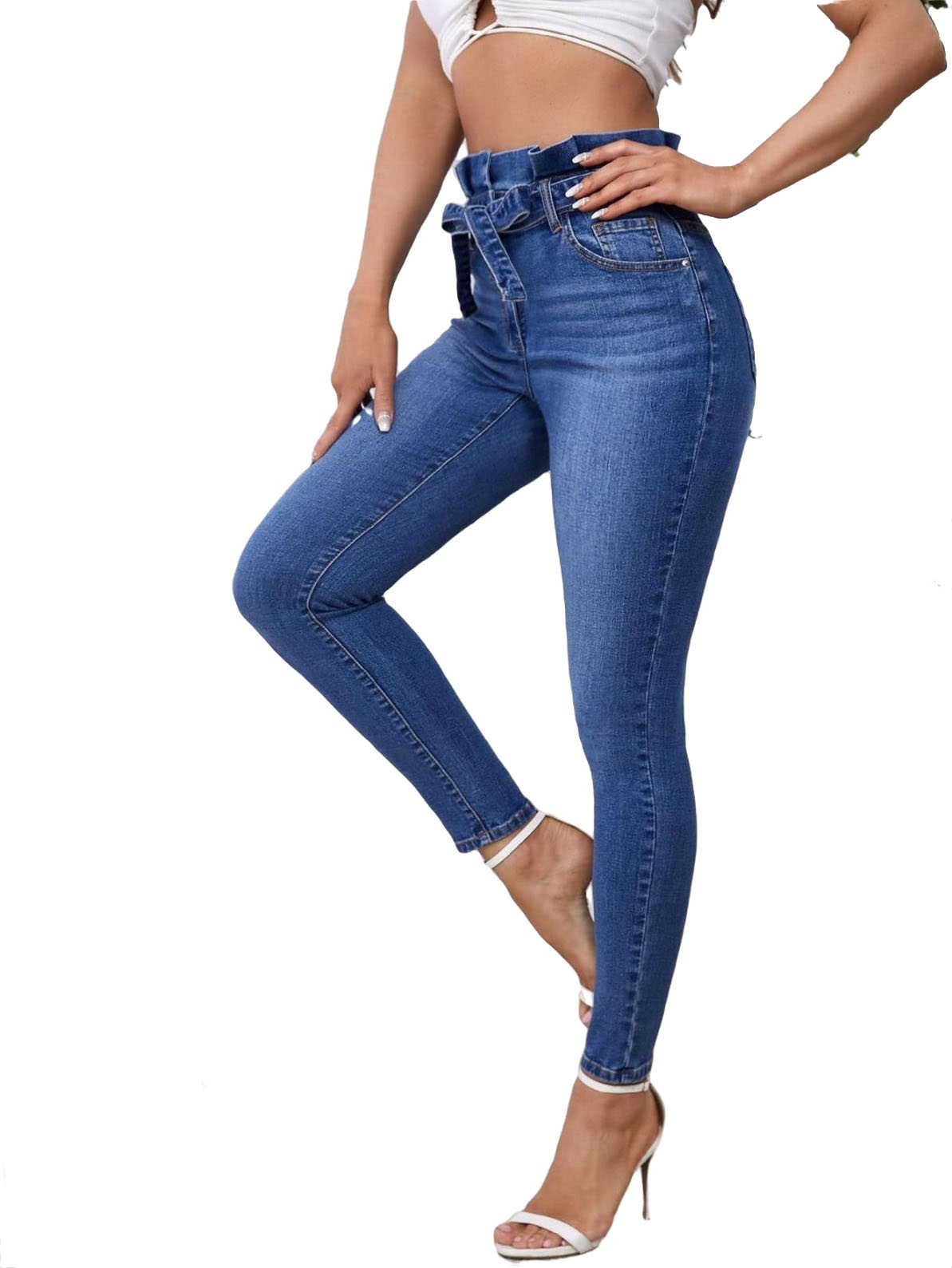 Women's High Waist Belted Skinny Jeans Casual Denim Pants