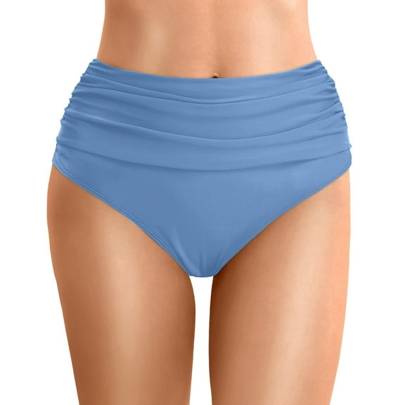 Women's High Waist Bikini Bottoms, Ruched Design, High Cut, Full Coverage, Nylon-Spandex, for Swimming & Water Activities