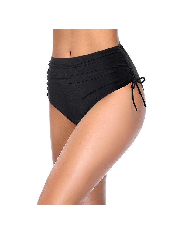 Women's High Waist Bikini Bottoms, Solid Color Vintage Triangle Briefs, Full Coverage Swim Bottoms for Beach or Pool, Black - L