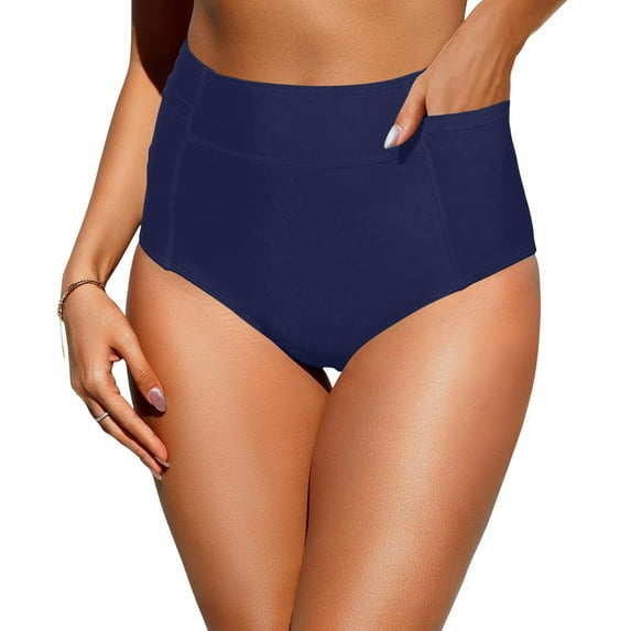 Women's High Waist Bikini Bottoms, Solid Color Vintage Triangle Briefs, Full Coverage Swim Bottoms for Beach or Pool, Navy - S