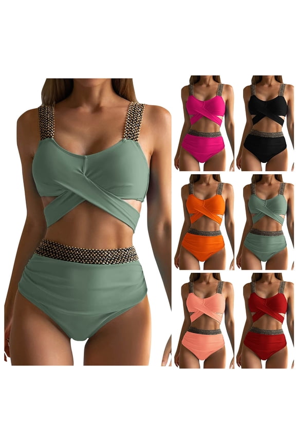 Women's High Waist Bikini Set Cross Back Tummy Control Two Piece Swimsuit Cover Belly Beach Swimwear for Vacation,Red,S