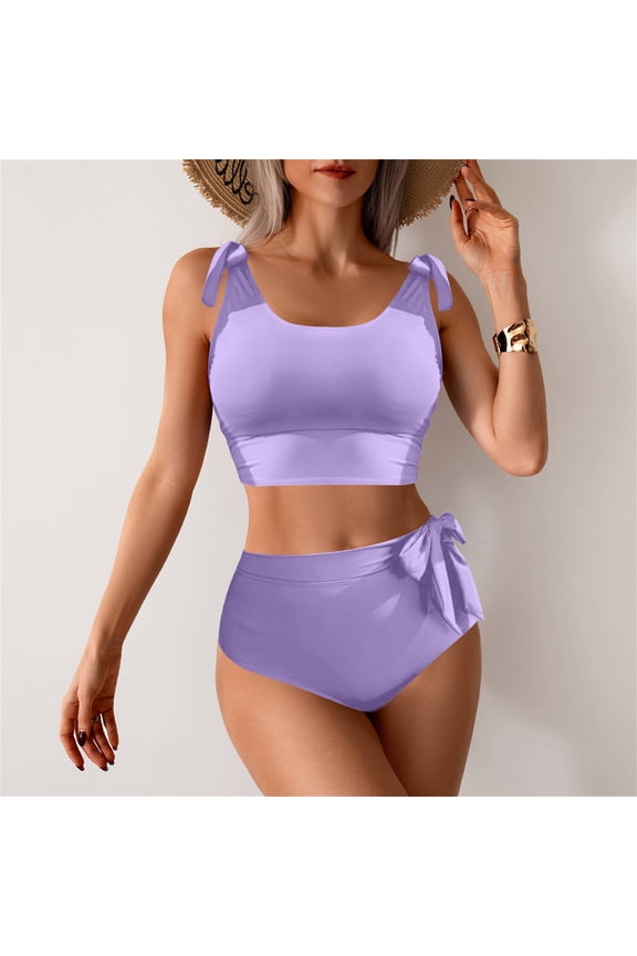 Women's High Waist Bikini Set with Double Tie Shoulders, Ab Control, Soft Stretchy Breathable Quick-Drying Fabric, No Underwire for Beach, Pool, Vacation and Lounging Light Violet XL