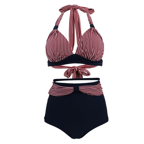 Avamo Plus Size Women's Bikini Set High Waist Tummy Control Swimsuit Two Piece Swimwear Halter Lace Up Bra Tops Summer Beachwear Bathing Suits Floral Swimming Set S-XXXL