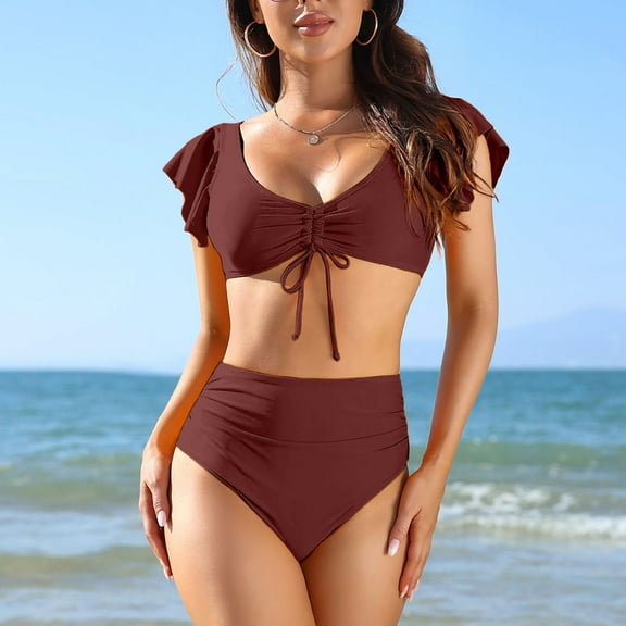 Women's High Waist Bikini Set Two Piece Swimwear Comfortable Nylon Beach Pool Swim Suit with Chest Pad Solid Color Casual Summer