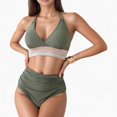 thumbnail image 1 of Women's High Waist Bikini Set with Crochet Waistband and Halter V Neck Top - Large, Green, 1 of 7