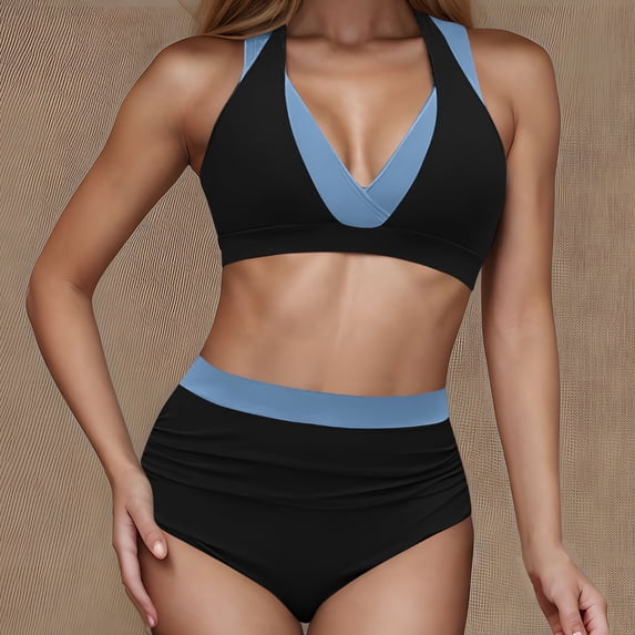 Women's High Waist Bikini Sets Stretch Quick-Dry Slimming Two Piece Bathing Suit Color Block Modest Swimwear (S, Black)