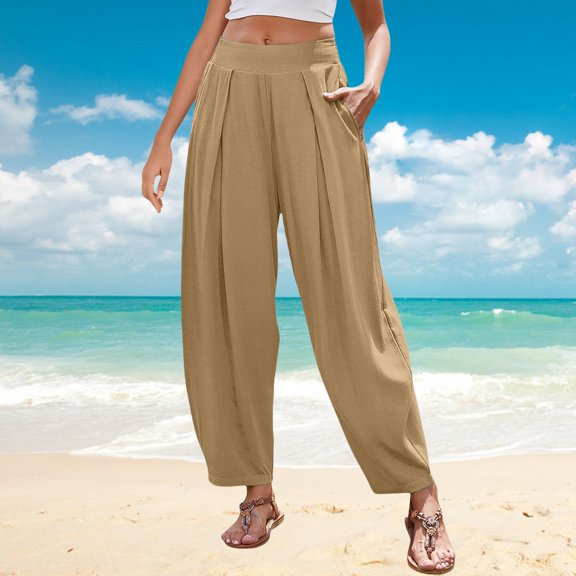 Women's High Waist Bohemian Pants Cotton Linen Blend Elastic Waist Wide Leg Harem Trousers with Pockets for Vacation Casual Wear Khaki XXL