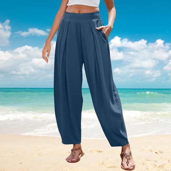 Women's High Waist Bohemian Pants Cotton Linen Blend Elastic Waist Wide Leg Harem Trousers with Pockets for Vacation Casual Wear Navy XXL