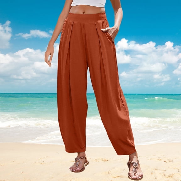 Women's High Waist Bohemian Pants Cotton Linen Blend Elastic Waist Wide Leg Harem Trousers with Pockets for Vacation Casual Wear Orange XXL