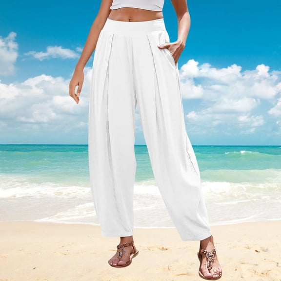 Women's High Waist Bohemian Pants Cotton Linen Blend Elastic Waist Wide Leg Harem Trousers with Pockets for Vacation Casual Wear White XXL