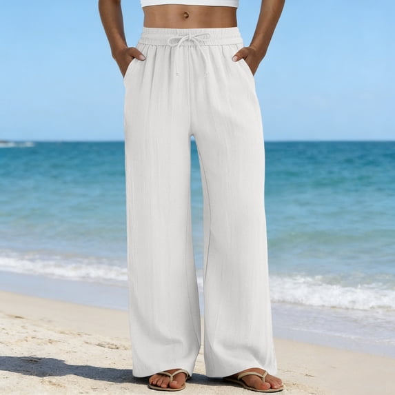 Women's High Waist Boho Linen Palazzo Pants Lightweight Wide Leg Summer Work Pants White 2XL