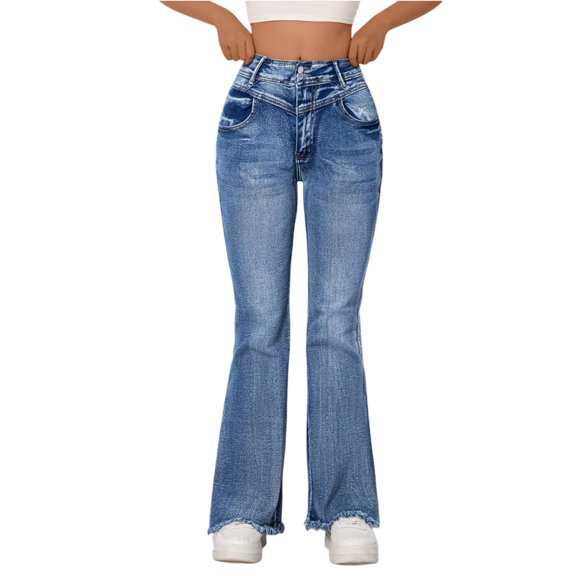 Women's High Waist Bootcut Jeans - Solid Color Versatile High Stretch Casual Pants, Blue Size XXL