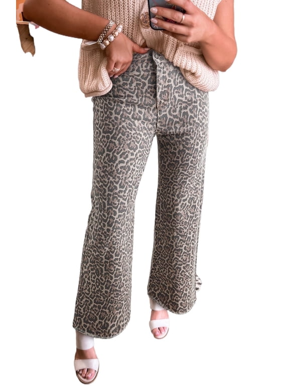 Women's High Waist Brown Leopard Frayed Edge Wide Leg Jeans 10