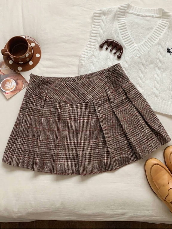 Women's High Waist Brown Plaid Pleated Mini Skirt, Vintage Preppy A-Line Skirt for Retro Campus Style