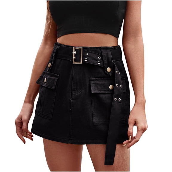 Women's High Waist Buckled Belted Short Mini Cargo Denim Skorts Skirts Jeans Shorts Streetwear with Flap Pocket