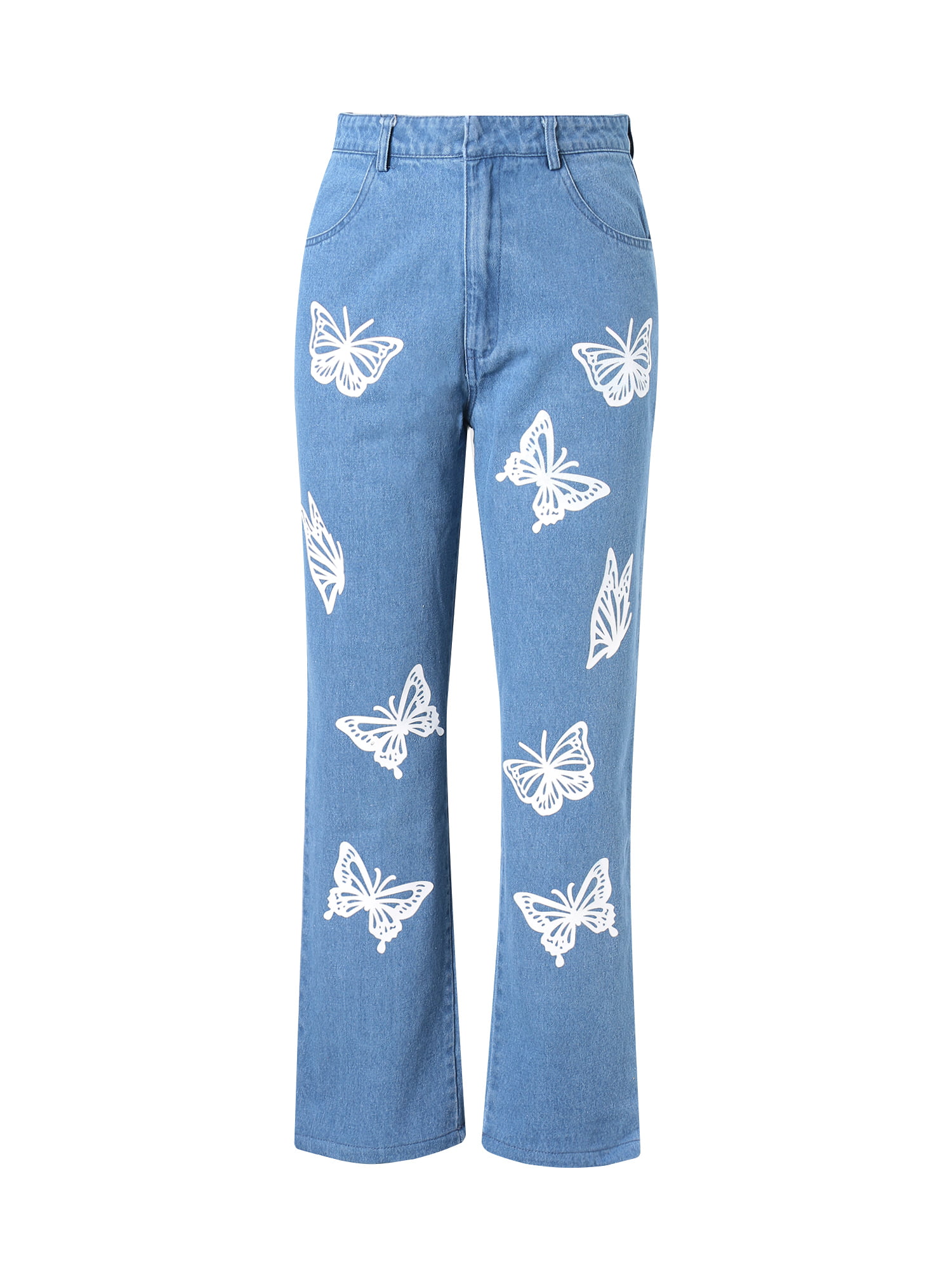 Women's High Waist Butterfly Print Jeans Loose Pockets Patchwork