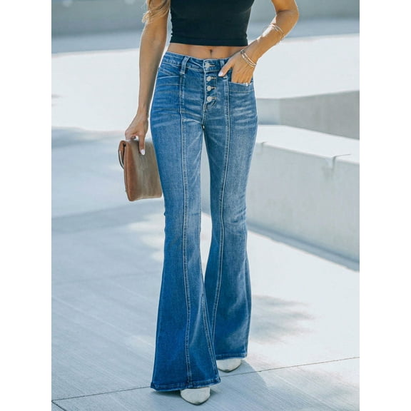 Women's High-Waist Button Fly Flare Jeans with Seamed Detailing - Large, Blue