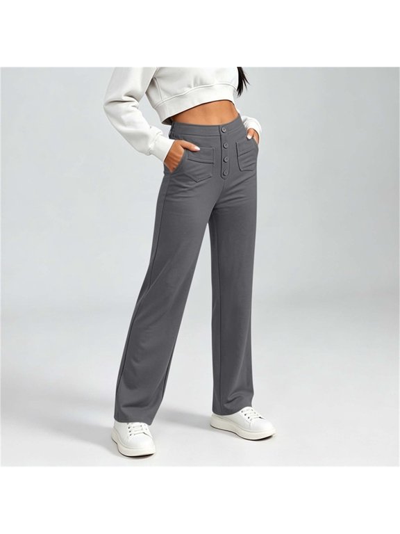 Women's High Waist Button Fly Straight Leg Pants - Stretch Fabric with Pockets, Comfortable Trousers for Casual Daily Wear