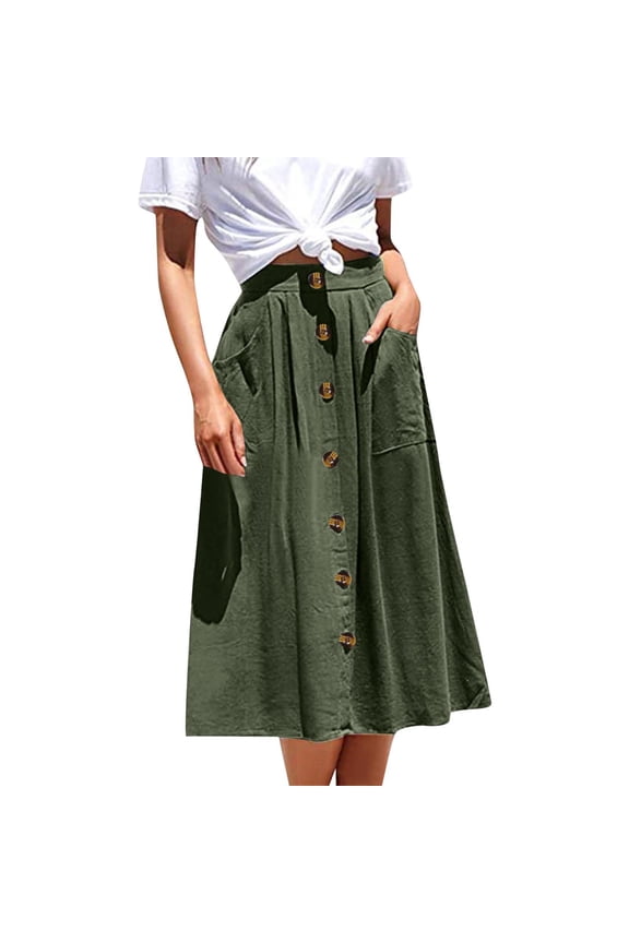 Women's High Waist Button Pocket A-Line Skirt - Solid Color Casual Style - Polyester Fabric - S-XL