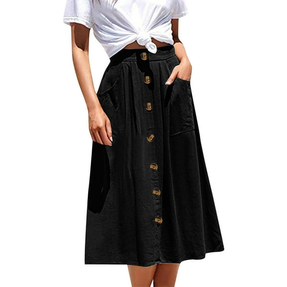 Women's High Waist Button Pocket A-Line Skirt - Solid Color Casual Style - Polyester Fabric - S-XL